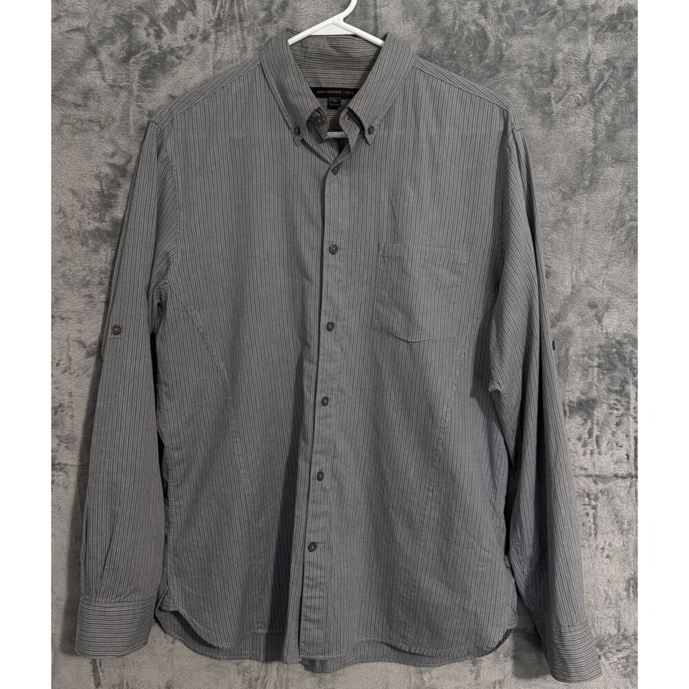 John Varvatos U.S.A. Men's Medium Gray Striped Button Down Shirt Roll Tab Peace